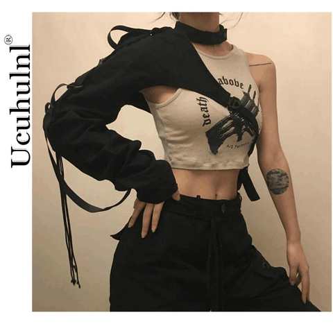 Street Cropped Jacket Women Buckle Ribbon One Shoulder Long Sleeve Jackets Coats Streetwear Fall 2022  Women Shirts Christmas ► Photo 1/6