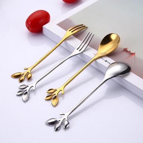 Creative Branch Leaves Spoon/Fork Stainless Steel Coffee Spoon Stirring Spoon Couple Spoon/Fork Kitchen Gadgets Tableware ► Photo 1/6