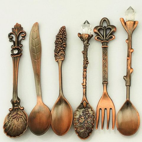 2022 6pcs Bronze Carved Eco-Friendly Small Tea Coffee Spoons Food Fork Mixing Scoop ► Photo 1/6