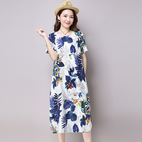 Summer Floral Printed Cotton Linen Dress 2022 New Sweet Women Midi Dresses O-Neck Short Sleeve Party Dresses Vestidos Femininos ► Photo 1/6