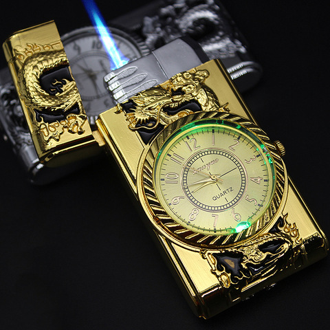 Luxurious Gold Watch Jet Lighter Torch Turbo Gas Lighter Windproof Cigar Cigarette Metal Lighter Led Inflated Gasoline Butane ► Photo 1/6