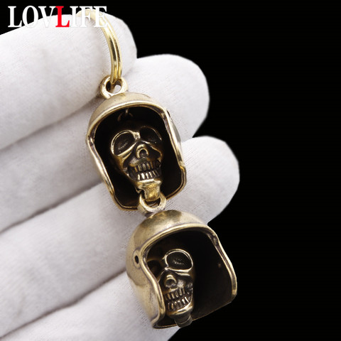 Brass Skull Head Helmet Bell Key Chains Pendants Punk Men Motorcycle Keychains Hangings Jewelry Vintage Metal Copper Wind Chime ► Photo 1/6