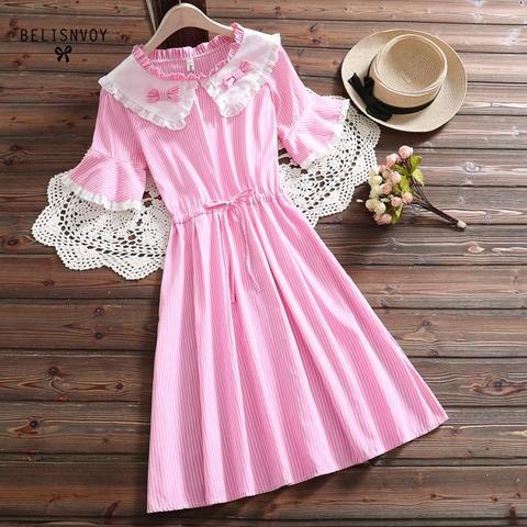 Mori Girl Cute Kawaii Striped Dress Summer Preppy Style Fashion Deesses Peter Pan Collar Flare Sleeve Casual Sweet Lace Ruffles ► Photo 1/6