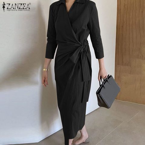 ZANZEA 2022 Stylish Maxi Dress Women's Spring Sundress Casual 3/4 Sleeve OL Style Vestidos Female Lapel Robe Belted Oversized 7 ► Photo 1/6