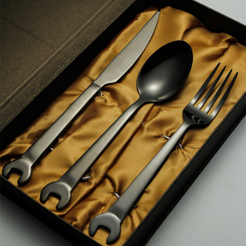 Jishi 304 stainless steel tableware creative wrench stainless steel cutlery fork black gold plated cutlery fork spoon gift set ► Photo 1/6