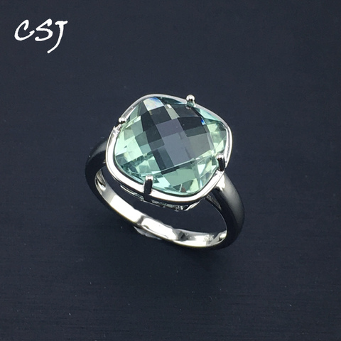 CSJ Green Amethyst Rings Sterling 925 Silver Natural Gemstone Cushion 12mm  Women Lady Wedding Engagment Party Gift Box ► Photo 1/6