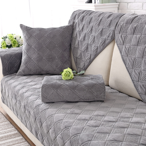 Grid Plush Warm Sofa Cushion, Blue Gray Sofa Cover