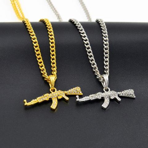 Fashion Creative Hip Hop Submachine Gun Pendant Necklace Crystal Ak 47 Rhinestone Bling Chain Necklace Women Men Rapper Jewelry ► Photo 1/6