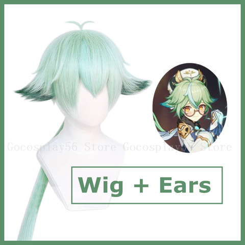 Genshin Impact Sucrose Wig Ears Cosplay Long Straight Ponytail Mixed Green Light Mint Heat Resistant Hair Women Game Role Play ► Photo 1/5