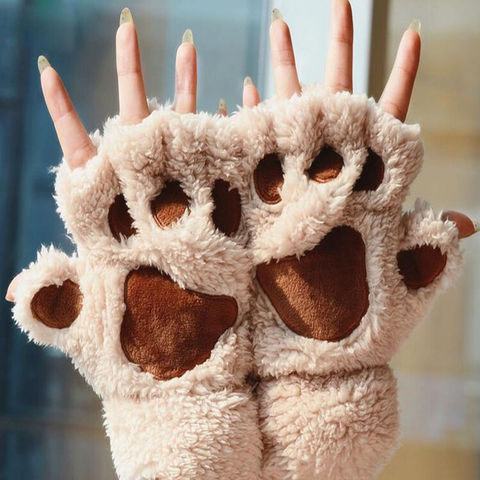 Fashion Womens Ladies Cat Claw Paw Mitten Plush Glove Costume Cute Winter Half Finger 6 order ► Photo 1/6