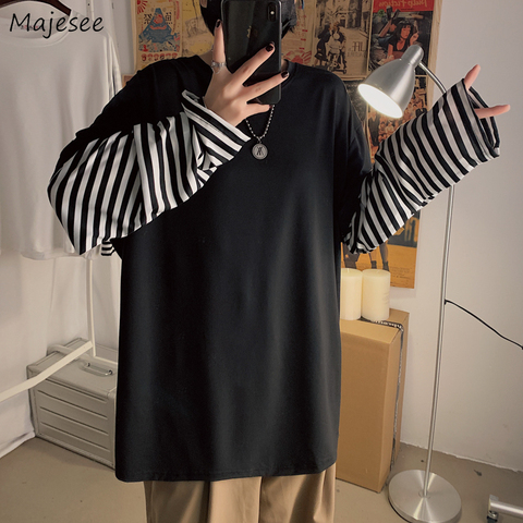 Men Long Sleeve T-shirts Fake Two Pieces Leisure Chic Striped Patchwork Ulzzang Spring Korean Style BF Loose Tshirts Teens Retro ► Photo 1/6