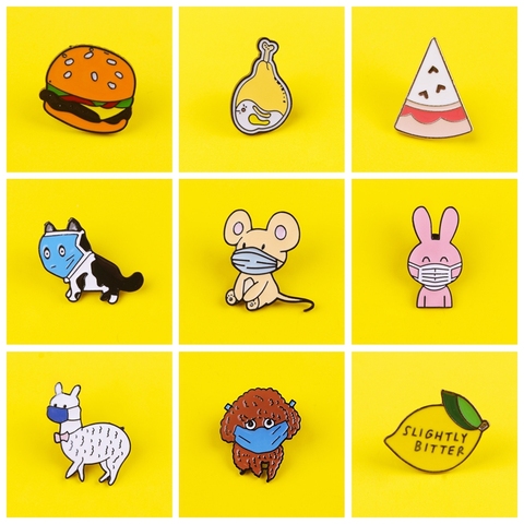 Food Hamburger Pizza Pin Badge On Clothes Masked Animal Dog Mouse Enamel Pins Anime Icons Stripes For Clothes Set Paired Jewelry ► Photo 1/6