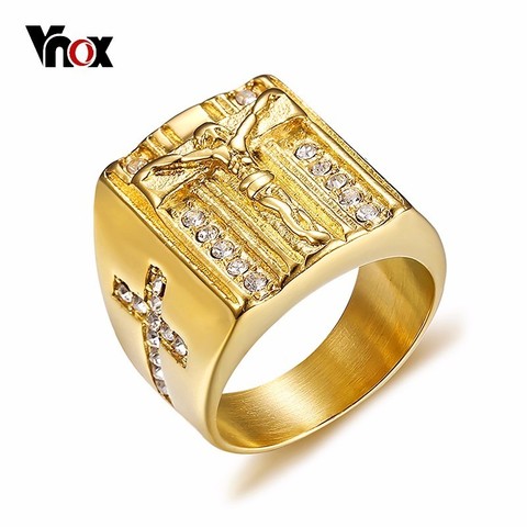 Vnox Punk Jesus Christ Cross Chunky Ring for Men Stainless Steel Crystals Religion Prayer Male Hip-hop Jewelry Gold Color ► Photo 1/6
