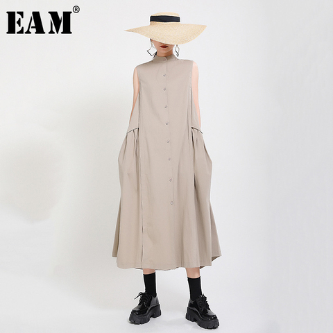 [EAM] Women Khaki Split Pleated Long Shirt Dress New Stand Collar Sleeveless Loose Fit Fashion Tide Spring Summer 2022 1Y353 ► Photo 1/6