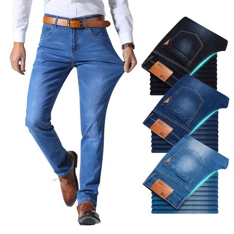 Brother Wang Classic style Men Brand Jeans Business Casual Stretch Slim Denim Pants Light Blue Black Trousers Male ► Photo 1/6