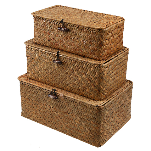 Rattan Woven Storage Box Clothing Toys Holder Handmade Jewelry Boxes Straw Wicker Basket with Lid Home Sundries Makeup Organizer ► Photo 1/6