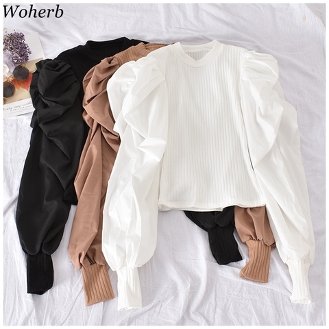 Woherb White Solid Puff Long Sleeve Blouse Women Tops Office Lady Spring Summer O-Neck Elegant Knitted Slim-fit Shirt Blouses ► Photo 1/6