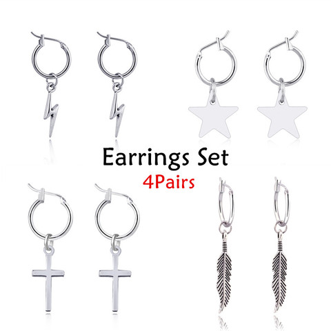 4Pairs Cross Star Feather Small Hoop Earrings Set For Women Trendy Punk Simple Metal Color Lightning Stud Earrings Jewelry ► Photo 1/6
