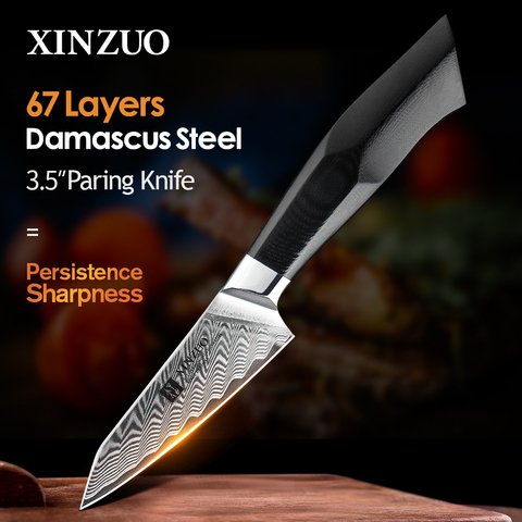 XINZUO 3.5'' Paring Knife Damascus Steel Blade VG10 Core Razor Sharp G10 Mosaic Brass Rivet Handle Kitchen Knives Fruit Peeling ► Photo 1/6