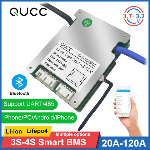 QUCC Smart BMS 3S 12V 20A 30A 35A 60A 80A 100A 120A Li ion Lifepo4 4S with Balance Bluetooth PC UART RS485 Adjustable Parameters ► Photo 1/6