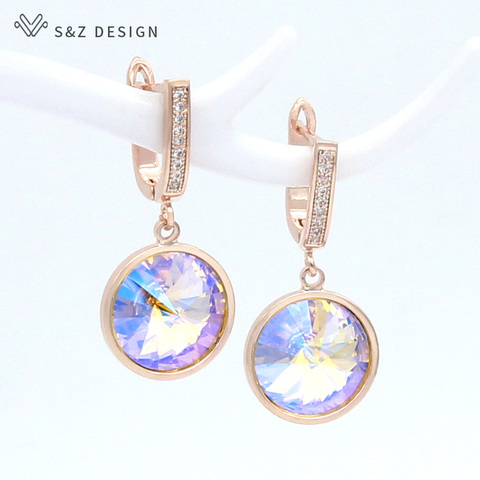 S&Z DESIGN Korean Luxury Elegant Colorful Round Crystal Dangle Earrings 585 Rose Gold White Gold For Women Wedding Jewelry ► Photo 1/6