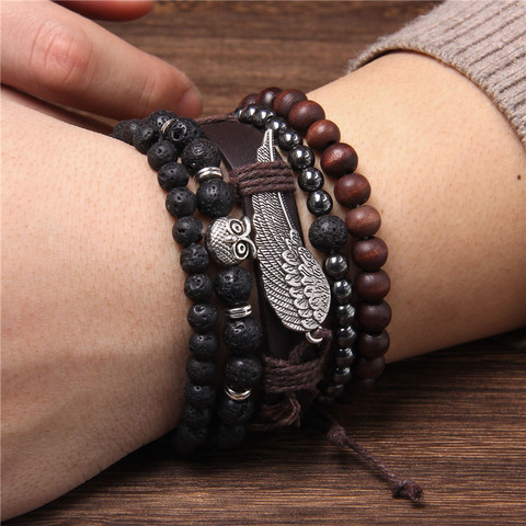 Fashion Multilayer Men Beaded Leather Charm Bracelet Sets Men Jewelry Vintage Natural Stone Beads Braided Bracelet Male Gifts ► Photo 1/6