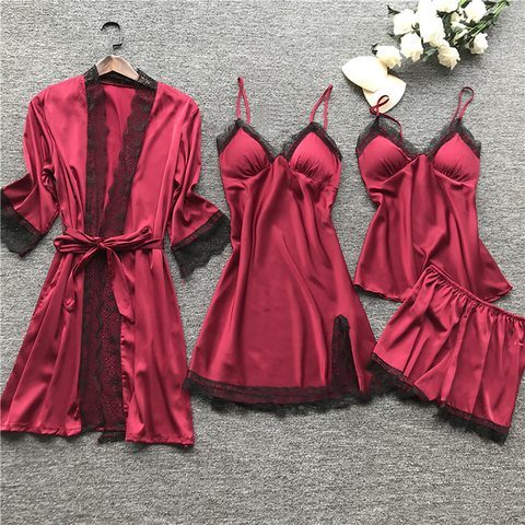 New Women Pajamas Sets Satin Sleepwear Silk 4 Pieces Nightwear Pyjama Spaghetti Strap Lace Sleep Lounge Pijama With Chest Pads ► Photo 1/6