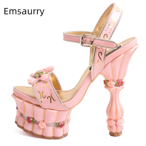 Print Flower High Platform Sandals Women Ankle Strap Sweet Pink Banquet Shoes Woman Rose Decor Strange Heel Summer Sandalias ► Photo 1/6