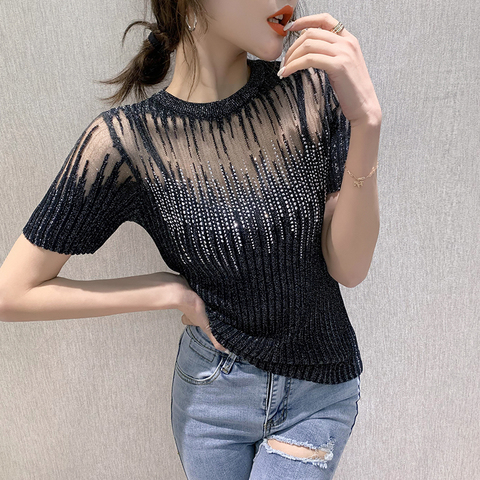 Summer Korean Clothes Knit T-shirt Sexy Diamonds Transparent Women Tops Ropa Mujer Shirt Short Sleeve Elastic Tees 2022 T04915 ► Photo 1/6