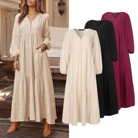 Bohemian Summer Shirt Dress Women's Maxi Sundress ZANZEA 2022 Elegant Casual V Neck Ruflle Vestido Female Long Sleeve Tunic Robe ► Photo 1/6