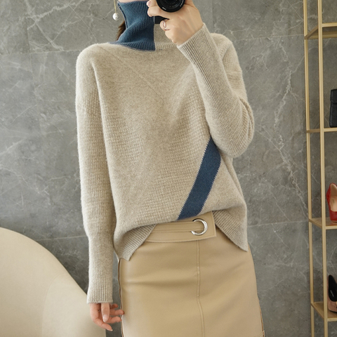 Autumn and winter new fashion color-blocking turtleneck sweater 100% pure wool sweater women loose pullover lapel wool knitted ► Photo 1/6