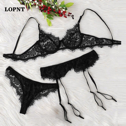 LOPNT New Women's Sexy Underwear Bra Set Wire free Brassiere+Garter+Underpants 3pcs Sexy Lingerie set Comfortable Lace Underwear ► Photo 1/6