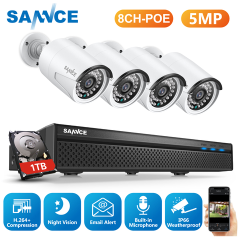 SANNCE 8CH 5MP HD POE Network Video Security System 5MP H.264+ NVR With 4X 5MP 30M EXIR Night Vision Weatherproof IP Camera ► Photo 1/6