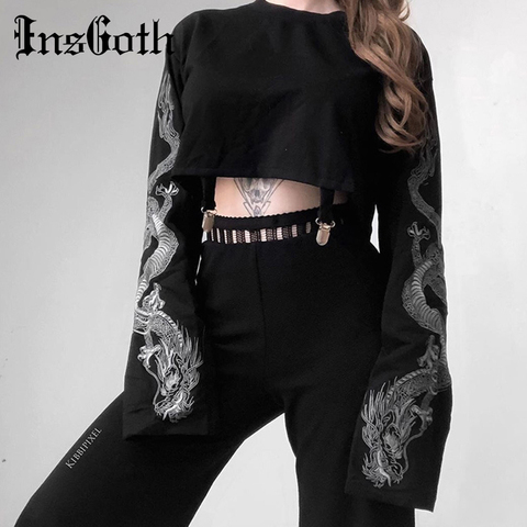 InsGoth Black Crop Top Hoodie Women Sweatshirt Gothic Punk Grunge Dragon Printed Harajuku Loose Sweatshirt Pullover Female Top ► Photo 1/6