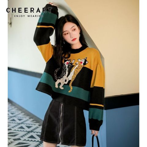 CHEERART Pullover Sweater Women Cartoon Print Striped Loose Knitted Sweater Pull Femme Loose Jumper Crop Sweater Fall 2022 ► Photo 1/5