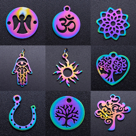 5pcs/lot fabulous rainbow color lotus diy stainless steel charm wholesale life of tree horseshoe necklace pendant sun om charms ► Photo 1/6