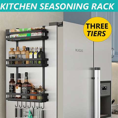 3-Tier-Metal-Refrigerator-Side-Storage-Organizer-Rack-Fridge-Spice-Rack-Multi-Use-Refrigerator-Side-Shelf-Including-7-Hooks ► Photo 1/6