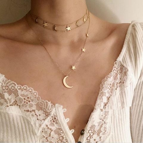 Amaiyllis 18k Gold Double Layer Clavicle Necklace Pendants Moon Star Golden Choker Necklaces For Women Summer Jewellry ► Photo 1/6