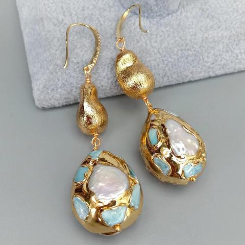 Y·YING  natural Cultured White Pearl Teardrop Shape Blue larimar Pave Brushed Bead Dangle Hook Earrings ► Photo 1/6