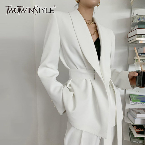 TWOTWINSTYLE Elegant White Blazer For Women Notched Long Sleeve Tunic Sashes Solid Minimalist Blazers Female Fashion New Spring ► Photo 1/6