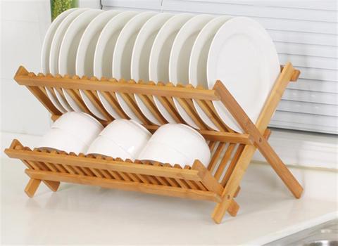 OUNONA Folding Bamboo Dish Rack Drying Rack Holder Utensil Drainer Plate Storage Holder Plate Wooden Flatware Dish Rack ► Photo 1/5