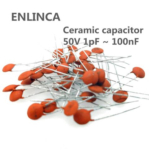 100pcs Ceramic capacitor 50V 1pF - 100nF 0.1uF 104 4.7PF 10PF 22PF 33PF 47PF 100PF 101 220PF 221 330PF 470PF 1NF 103 47NF 473 ► Photo 1/3