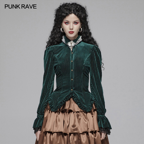 PUNK RAVE Women's Gothic Dark-Grain Velvet Elastic Long Sleeve Fashion beautiful Women Shirt Party Club Women Tops Shirts ► Photo 1/6