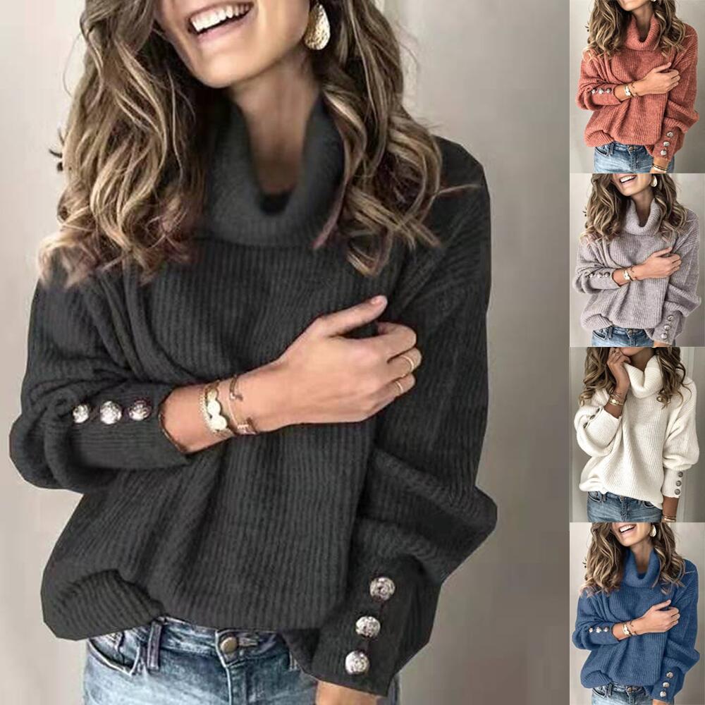 Women Casual Long-sleeve Solid Color Large Size Pullover Turtleneck Sweater 