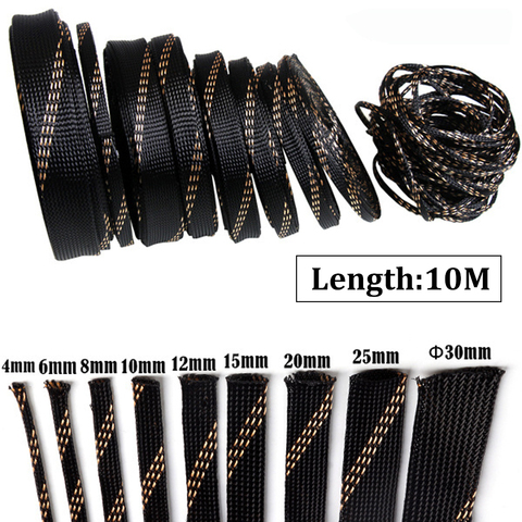 10M Insulation Braided Sleeves Black+Gold 4/6/8/10/12/15/20/25mm Wire Protection High Density Expandable Braided Sleeving Cable ► Photo 1/6