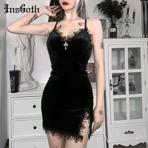 InsGoth Gothic Dark Cross Black Mini Dress Vintage Sexy Spaghetti Strap High Waist Slit Dresses Goth Party Club Women Dress ► Photo 1/6