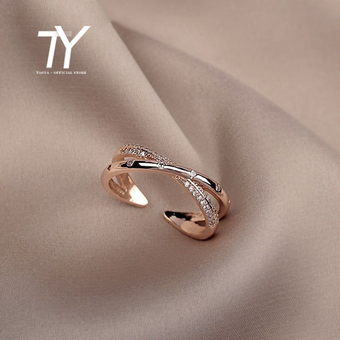 Simple light luxury cross zircon open ring fashion design Korean female jewelry sexy rose gold adjustable ring wedding ring ► Photo 1/6