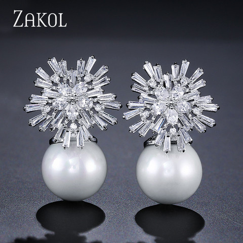 ZAKOL Simulated Pearl & Zirconia Snowflake Drop Earrings For Elegant Women Bridal Jewelry FSEP075 ► Photo 1/6