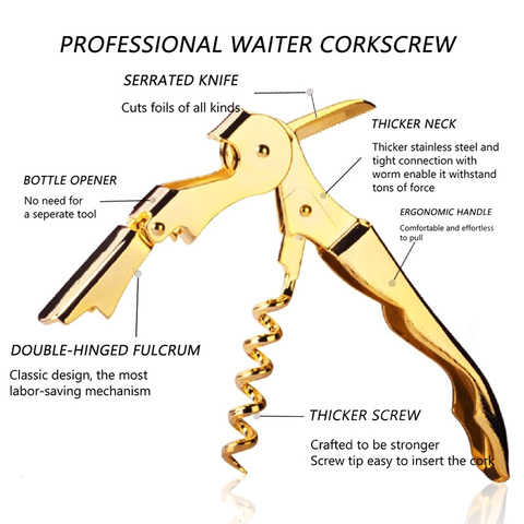 Gold Plated Corkscrew Double Hinge Waiters Wine Key Bottle Opener Party Bottle Opener SEC88 ► Photo 1/6