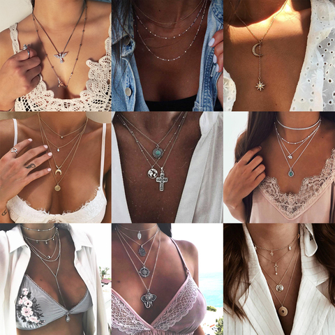 Bohemian Multi layered Necklaces For Women Moon Cross Tree Star Pendant chains Statement Choker 2022 Boho Fashion Jewelry ► Photo 1/6